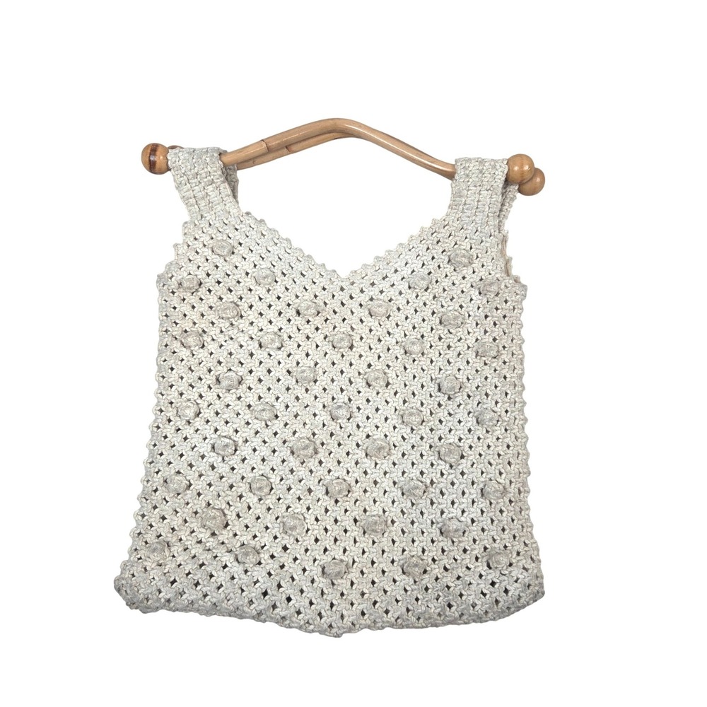 Vtg Mister Ernest Handbag Macrame Crochet Tote Bag Bamboo Wood Handle Cream Boho